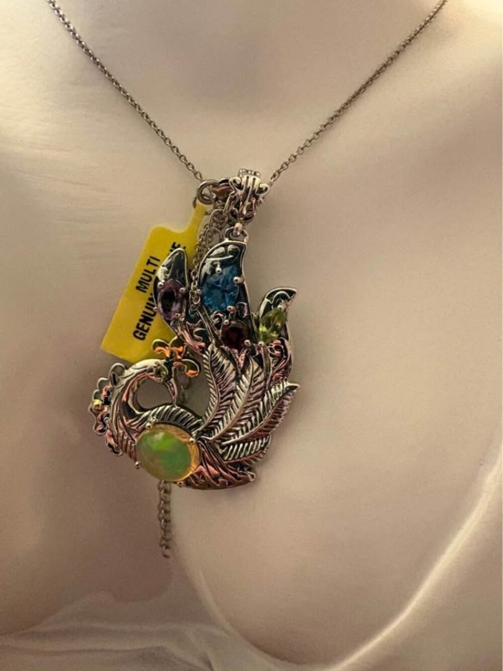 Sterling Silver Multi-Gemstone Peacock Pendant Necklace